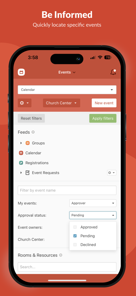 Interface of Planning Center Calendar app showing event filtering options like approval status and resource search.
