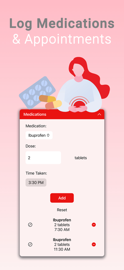 ENdi: Endometriosis Management - Interface of the ENdi app for logging and tracking medication doses for endometriosis management