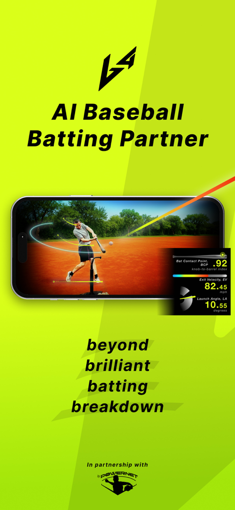 b4-app: AI Batting Partner - B4 app screen showing AI baseball swing metrics for exit velocity and launch angle