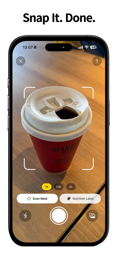 CalLab: Photo Calorie Counter - Smartphone screen showing CalLab app scanning a cup of coffee with the slogan Snap It Done