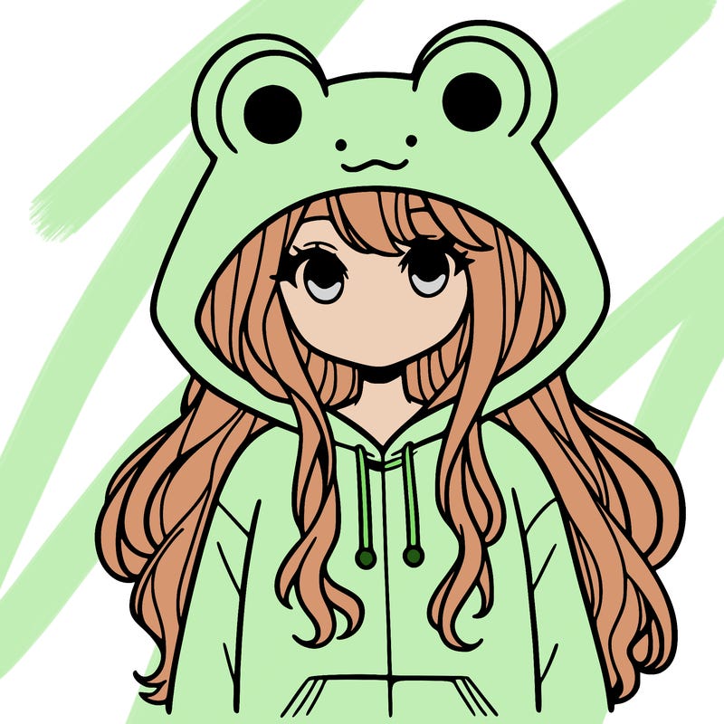 girl with frog hodie and long hair