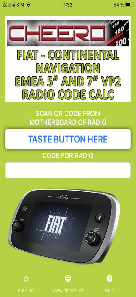 Fiat radio code calculator app interface for VP2 navigation systems