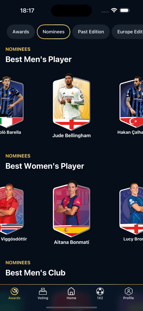 Globe Soccer - Interfaz de la aplicación Globe Soccer que muestra a los nominados a Mejor Jugador Masculino y Femenino, incluidos Jude Bellingham y Aitana Bonmatí