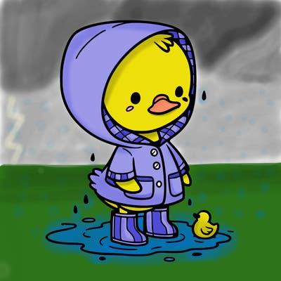 baby duck in a rain coat and boots, in a puddle while it’s raining
