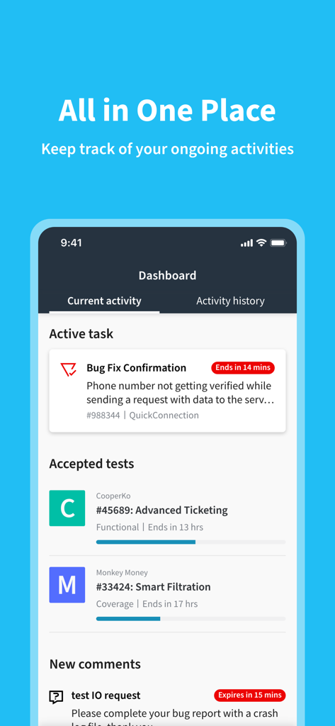 The testNow app dashboard displaying current testing tasks and accepted projects.
