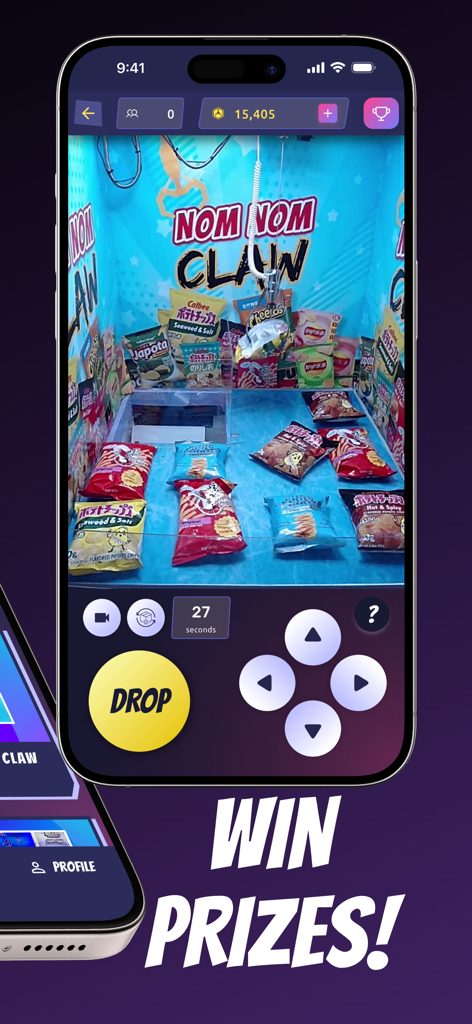ClawCrazy - Claw Machine Games - A mobile phone screen showing the ClawCrazy app with a live snack-themed claw machine game.