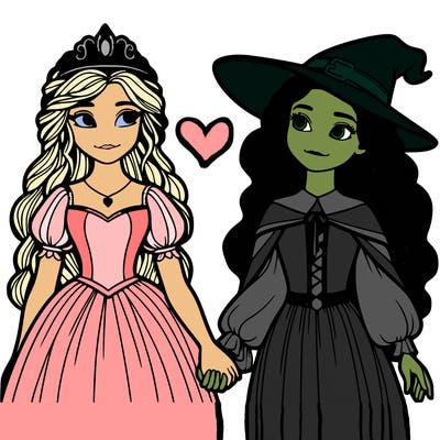 a princess and a witch holding hands realistic