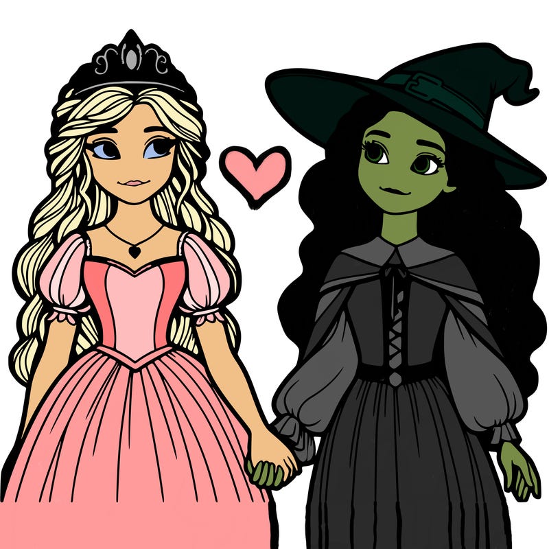 a princess and a witch holding hands realistic