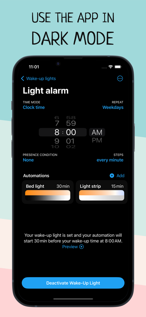 Wake Up Light – Sunrise Alarm - Interface de l'application Réveil Lumineux montrant les paramètres d'alarme lumineuse et les automatisations en mode sombre