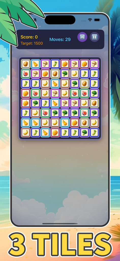 Tiles Quest:Word & MatchPuzzle - Cuadrícula de puzzle "match-3" con fichas de frutas y verduras coloridas en Tiles Quest