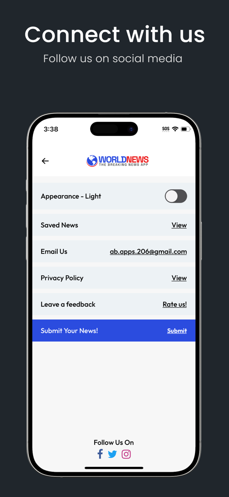 World News: Breaking News App - Pantalla de configuración de la aplicación Noticias Mundiales con un selector de apariencia, noticias guardadas e íconos de redes sociales.