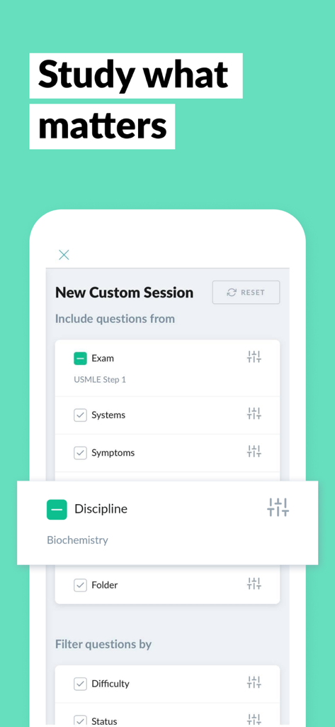 AMBOSS Qbank for Medical Exams - Interfaz de AMBOSS Qbank para crear una sesión de estudio personalizada con filtros para el USMLE Step 1 y disciplinas médicas.