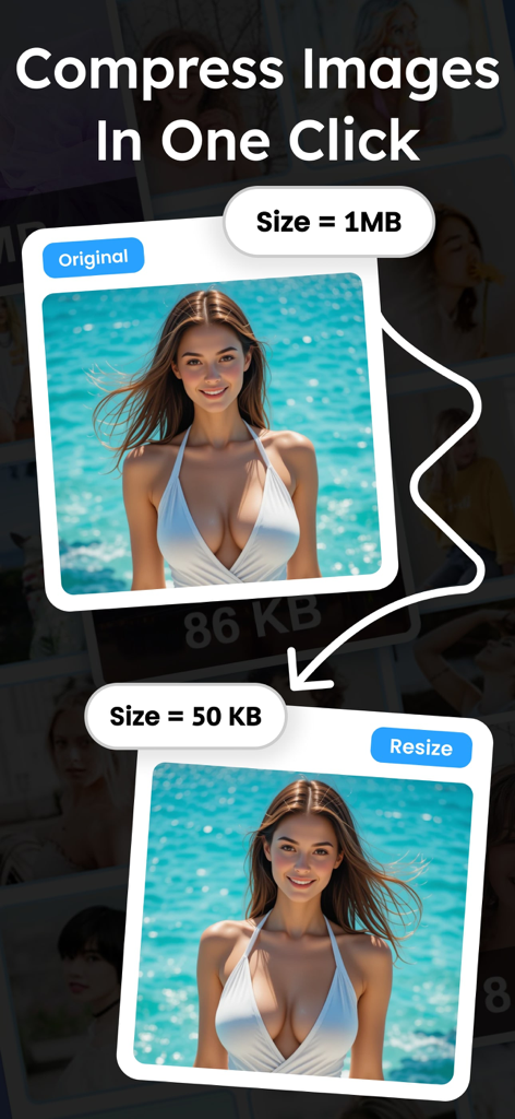 Picture Size Resizer - Visuelle Demonstration der Reduzierung einer Fotogröße von 1 MB auf 50 KB