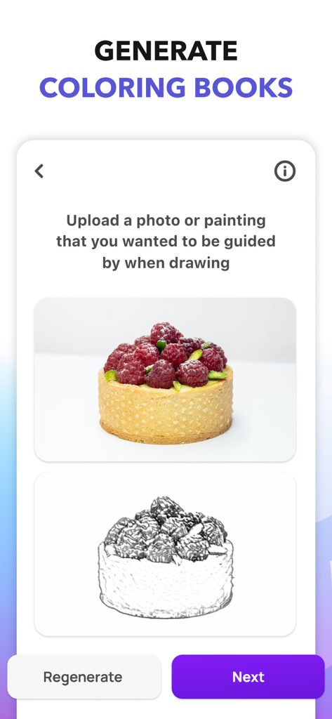 Una pantalla de aplicación móvil que muestra la función para generar páginas para colorear personalizadas a partir de fotos subidas con un ejemplo de tarta de frambuesa.