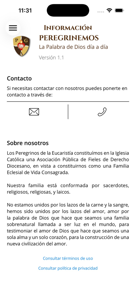 Peregrinemos - Pantalla de información sobre nosotros y contacto para la aplicación de la revista católica Peregrinemos.
