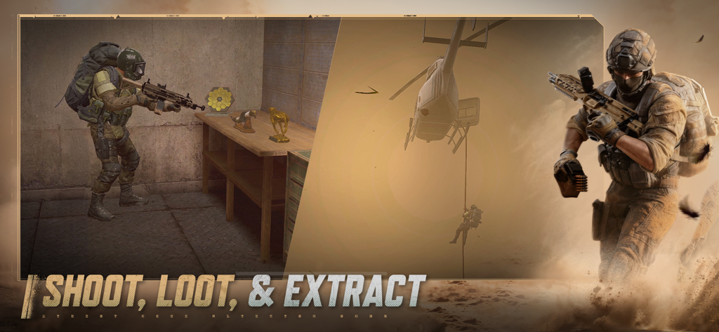 Tactical soldier looting golden statues and extracting by helicopter in Arena Breakout.
