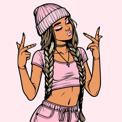 realistic teenage girl with braids and a beanie and crop top doing 🫶🏼