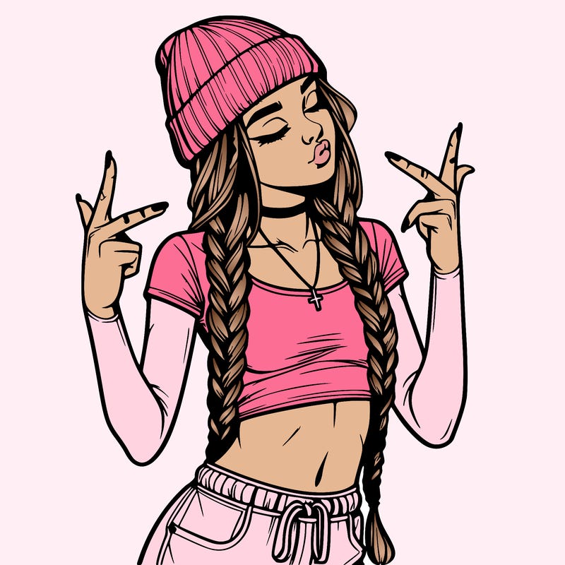 realistic teenage girl with braids and a beanie and crop top doing 🫶🏼