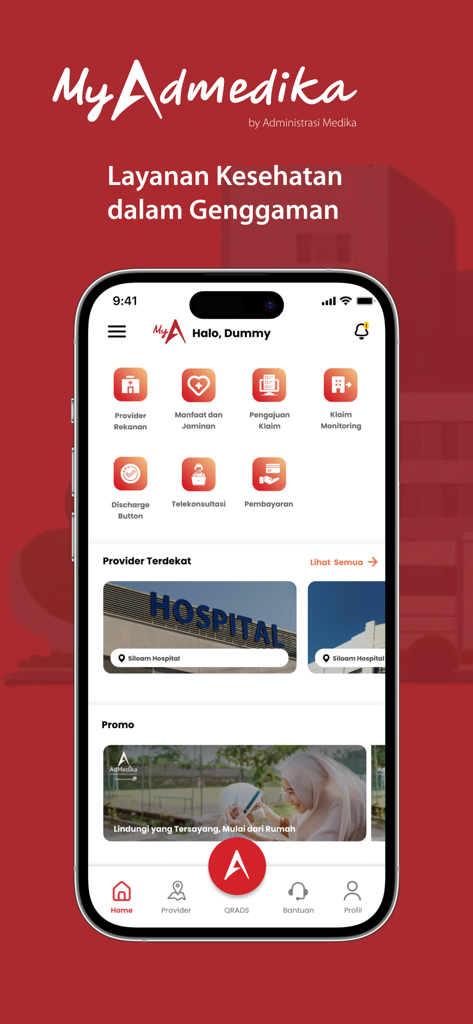 MyAdMedika 모바일 앱 홈 화면, 건강 보험 서비스 및 제공업체 검색 기능 포함