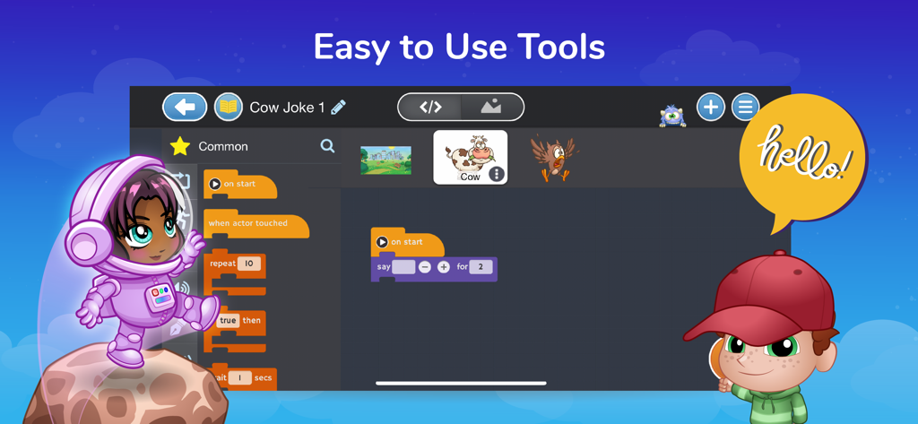 Tynker: Coding for Kids - Interfaccia dell'app Tynker che mostra strumenti di programmazione a blocchi facili da usare per bambini.