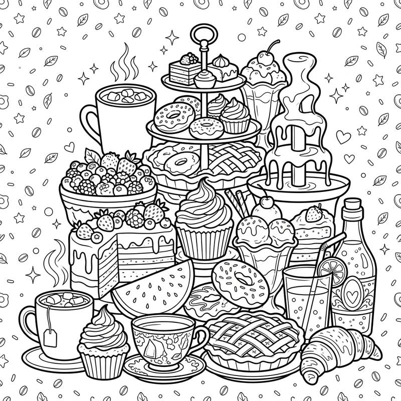 Dive into a world of delicious imagination with this intricate food and drink sculpture coloring page. Discover a bountiful spread of cakes, pastries, and refreshing beverages, perfect for a relaxing coloring escape.