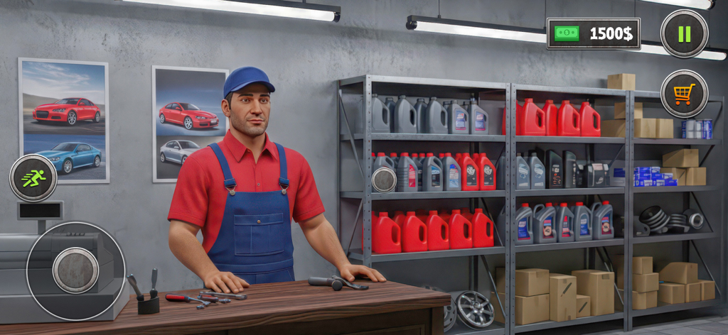 모터 오일과 도구가 쌓인 선반이 있는 자동차 수리 차고의 책상 뒤에 서 있는 정비사