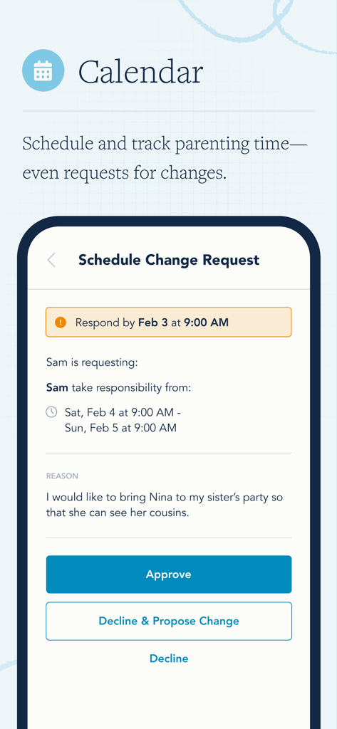 OurFamilyWizard Co-Parent App - Interfaccia dell'app OurFamilyWizard che mostra una richiesta di modifica dell'orario con pulsanti per approvare o rifiutare