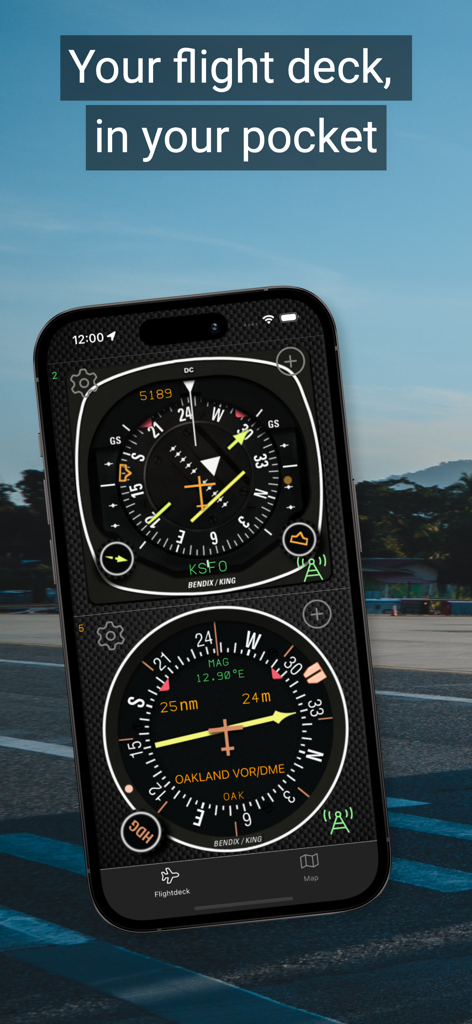 A smartphone showing flight navigation instruments HSI and VOR from the fDeck app.