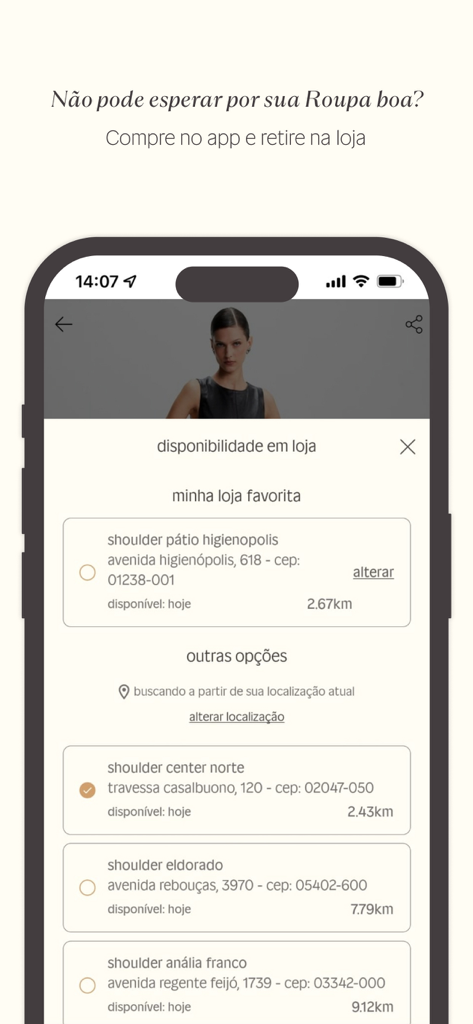 Shoulder - The Shoulder app store locator screen showing nearby fashion boutiques for order pickup