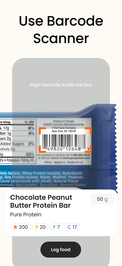 Una interfaz de aplicación móvil que muestra un escáner de código de barras identificando una barra de proteínas y sus datos nutricionales.