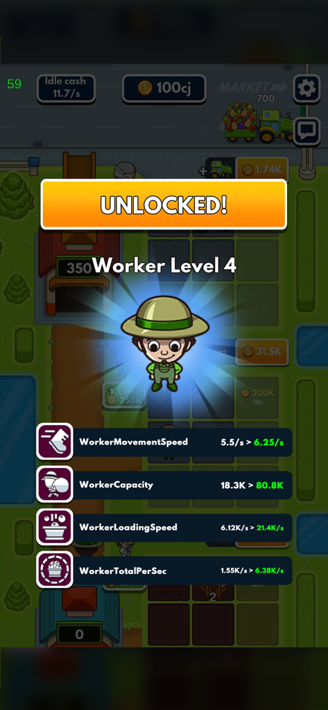 Idle Farm Tycoon - Merge Game - A game screen showing a Level 4 worker unlocked with improved stats for speed and capacity in Idle Farm Tycoon.