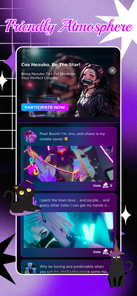 Interface de l'application Cavi montrant un flux social de cosplayers et une bannière de participation à un événement de cosplay de Nezuko.