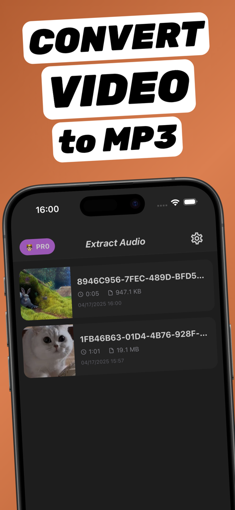 Extract Audio from Video⁺ - iPhone screen displaying a list of extracted MP3 audio files from videos in the Extract Audio app