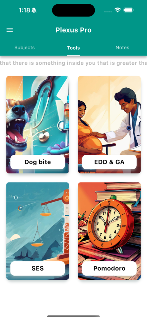 Plexus MBBS - Plexus MBBS app interface showing clinical tools including a dog bite calculator pregnancy dating and a Pomodoro study timer
