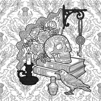 Step into a world of dark elegance with this intricate Gothic still life coloring page, blending macabre beauty with sophisticated charm. It's an ideal choice for anyone seeking a coloring experience that is both mysterious and deeply satisfying.