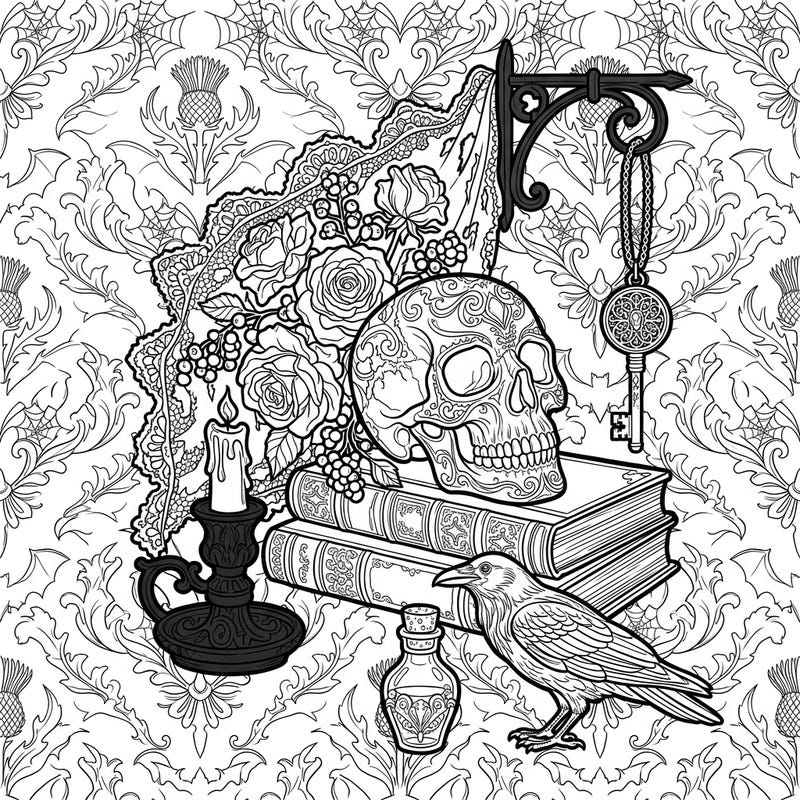 Step into a world of dark elegance with this intricate Gothic still life coloring page, blending macabre beauty with sophisticated charm. It's an ideal choice for anyone seeking a coloring experience that is both mysterious and deeply satisfying.