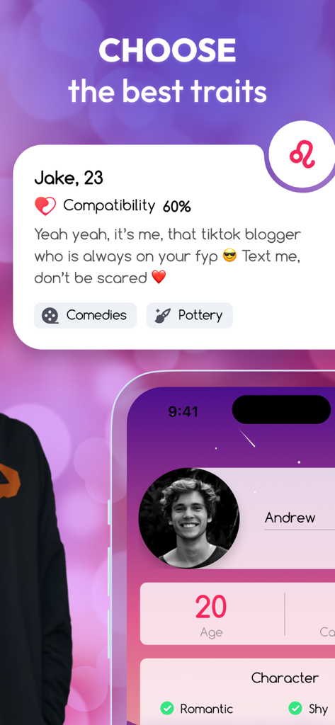 Un écran de l'application My Virtual Boyfriend Talk montrant la personnalisation des traits de personnalité et un profil pour un personnage virtuel nommé Jake avec le signe astrologique Lion.