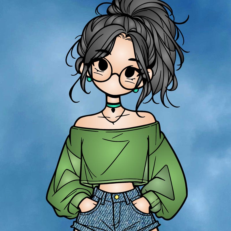 girl with a messy ponytail glasses a baggy crop top and jean shorts