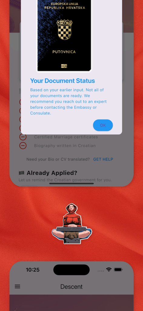 CitizenHR: Croatia Citizenship - CitizenHR App-Bildschirm, der den Dokumentenstatus für den Antrag auf kroatische Staatsbürgerschaft anzeigt
