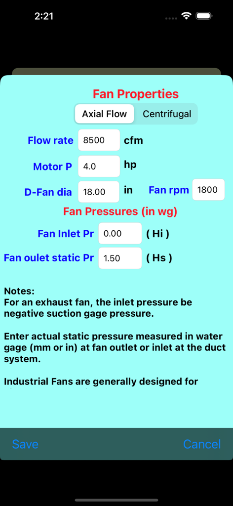Fan Spec Performance - Fan Spec Performance mobile app interface showing fan properties input fields including flow rate, motor power, and fan pressures