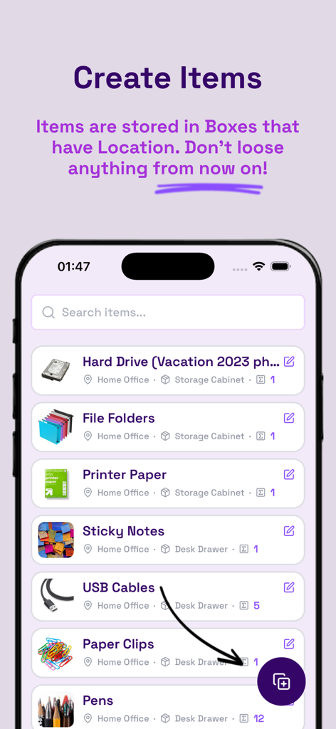 Inventory & Storage Organizer - Screenshot of the Inventory and Storage Organizer app displaying a cataloged list of office supplies with their specific storage locations