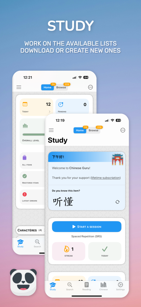 Chinese Guru - Dashboard der Mandarin-Sprachlern-App mit SRS-Lernsitzungen und Zeichenvokabellisten