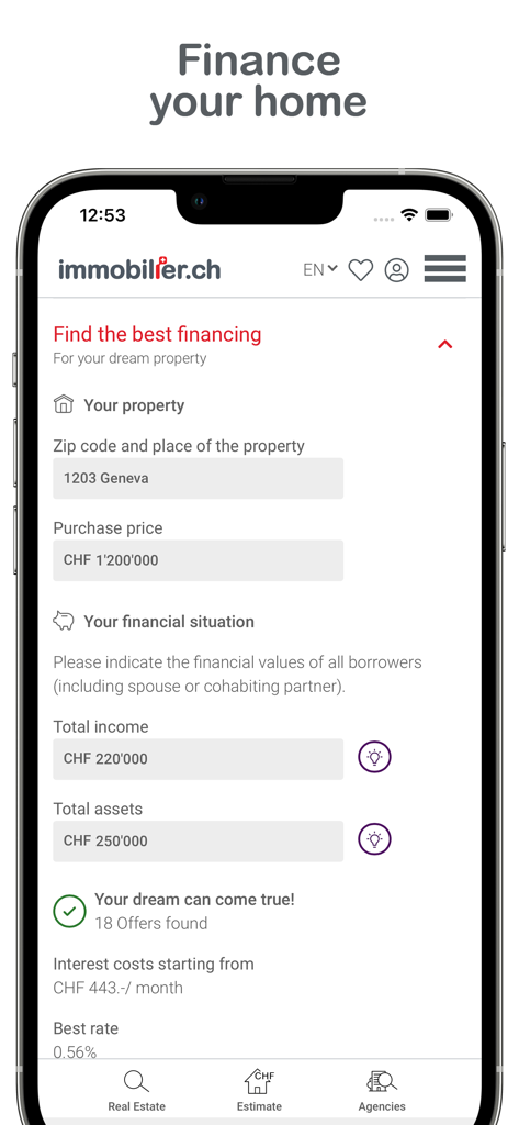 A mortgage calculator on the immobilier.ch app showing financing options for a property in Geneva Switzerland