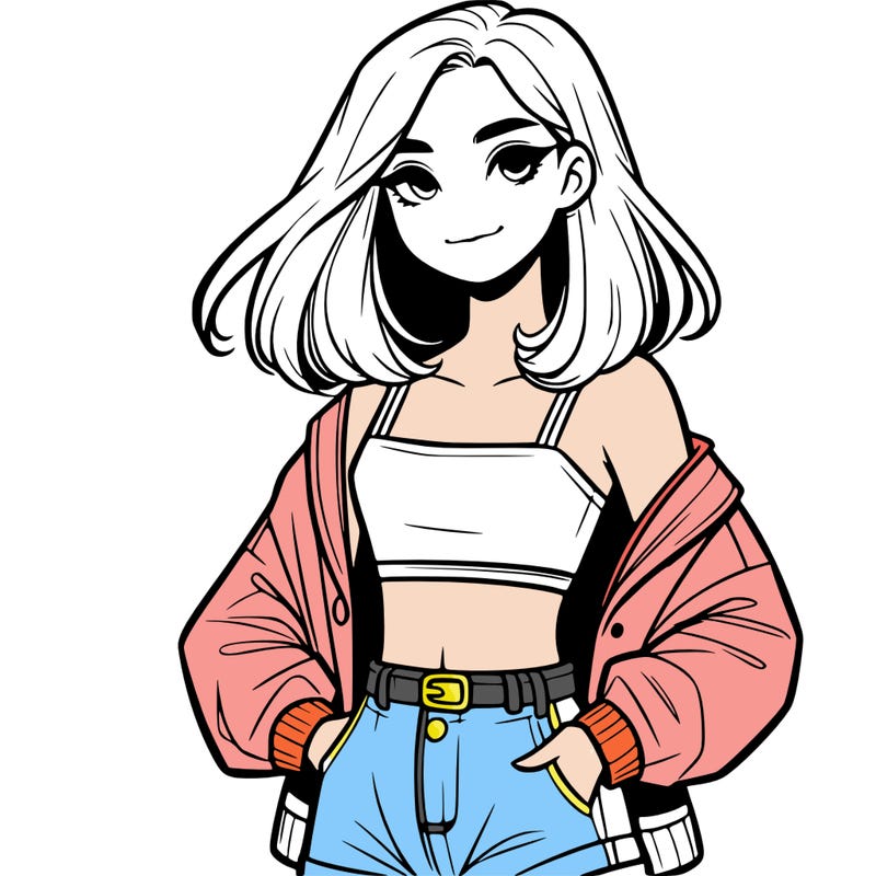 a realistic girl with a crop top and short shorts in an open jacket