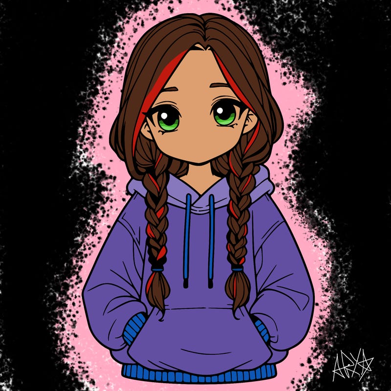 a realistic girl with a oversized hoodie and she has braids