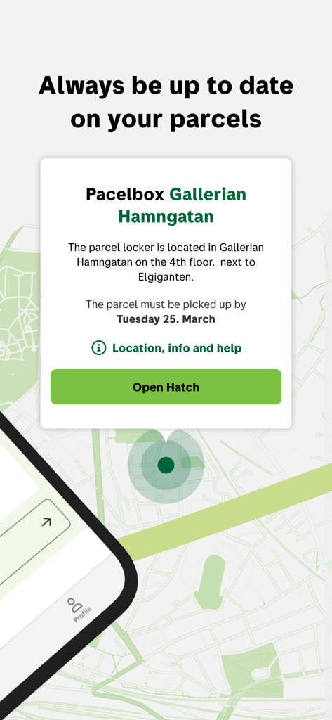 Bring Tracking - Bildschirm der mobilen App, der Details zum Standort der Paketbox mit einer Schaltfläche zum Öffnen der Klappe für die Paketsammlung anzeigt.
