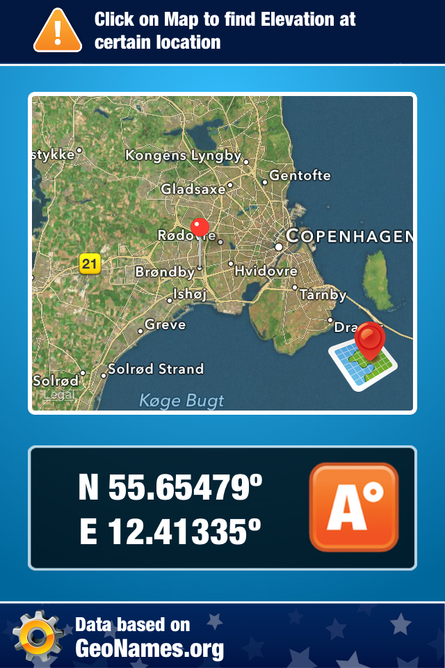 Mobile App-Oberfläche, die Längen- und Breitengradkoordinaten auf einer Karte von Kopenhagen anzeigt