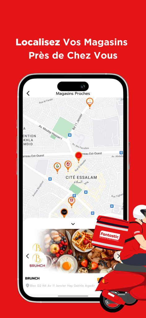 Fantastic: Orders Delivery - Interfaz de mapa de la aplicación de entrega de Fantastic que muestra tiendas locales cercanas y un repartidor en scooter