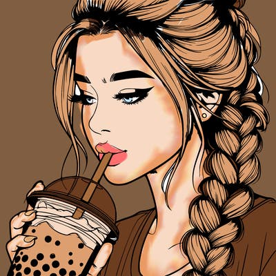 realistic girl drinking boba tea with braided hair