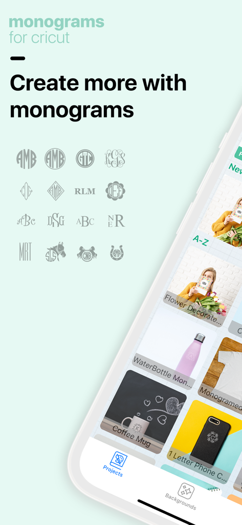 Monograms for Cricut - Monograms for Cricut app interface showing font styles and DIY craft project ideas